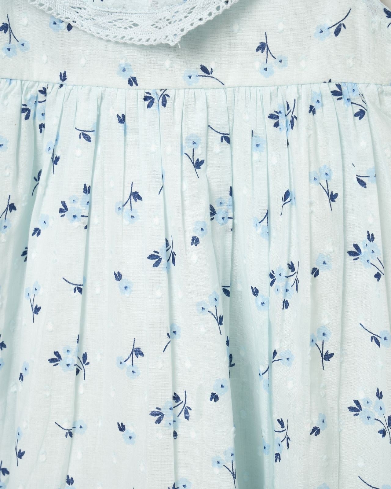 Blue Floral Frill V-Neck Dress