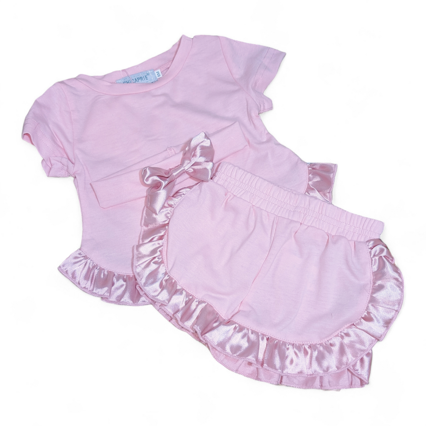 Pink Satin Trim Shorts Set and Headband