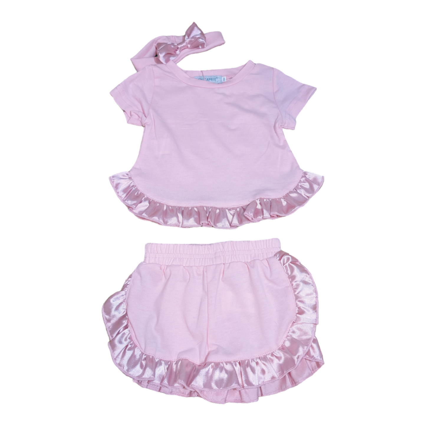 Pink Satin Trim Shorts Set and Headband