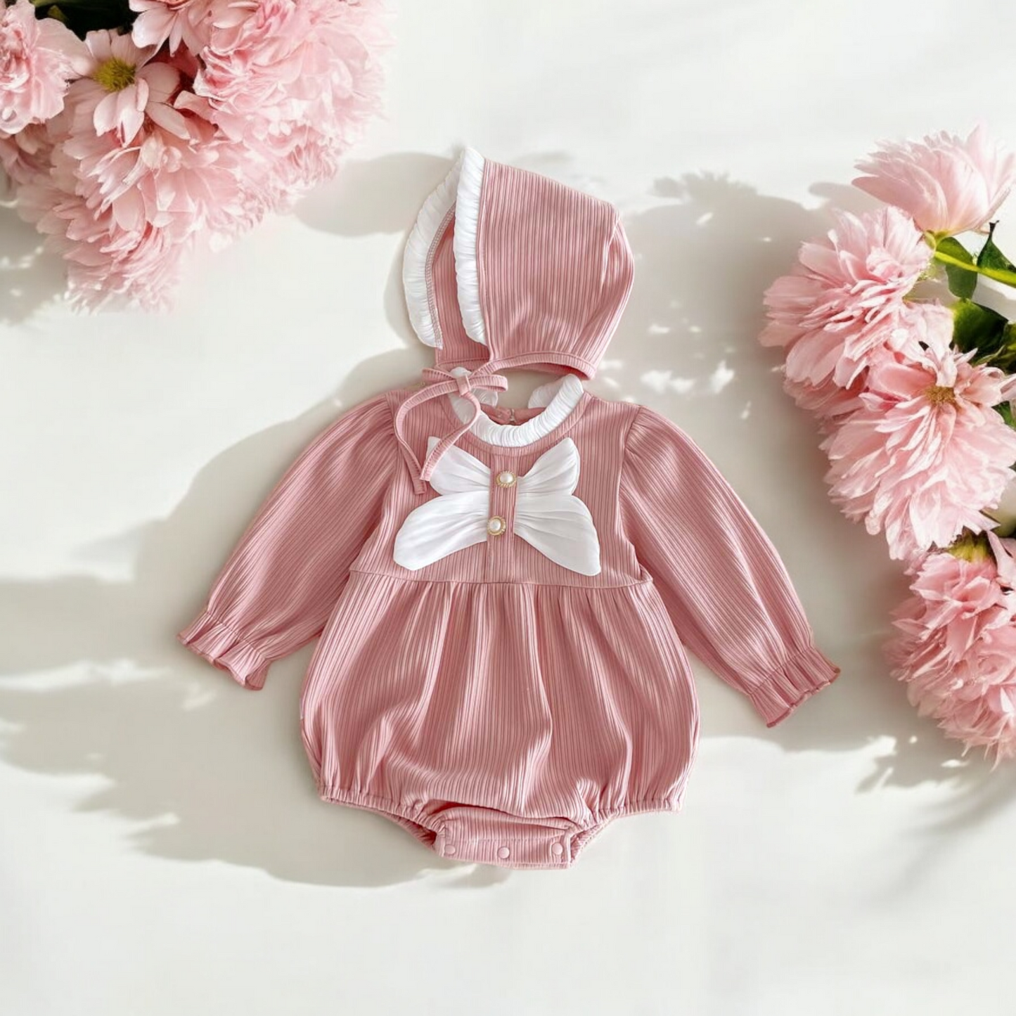 Pink Bow Romper and Bonnet Set