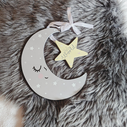 Moon and Stars 'Hello World' Nursery Sign